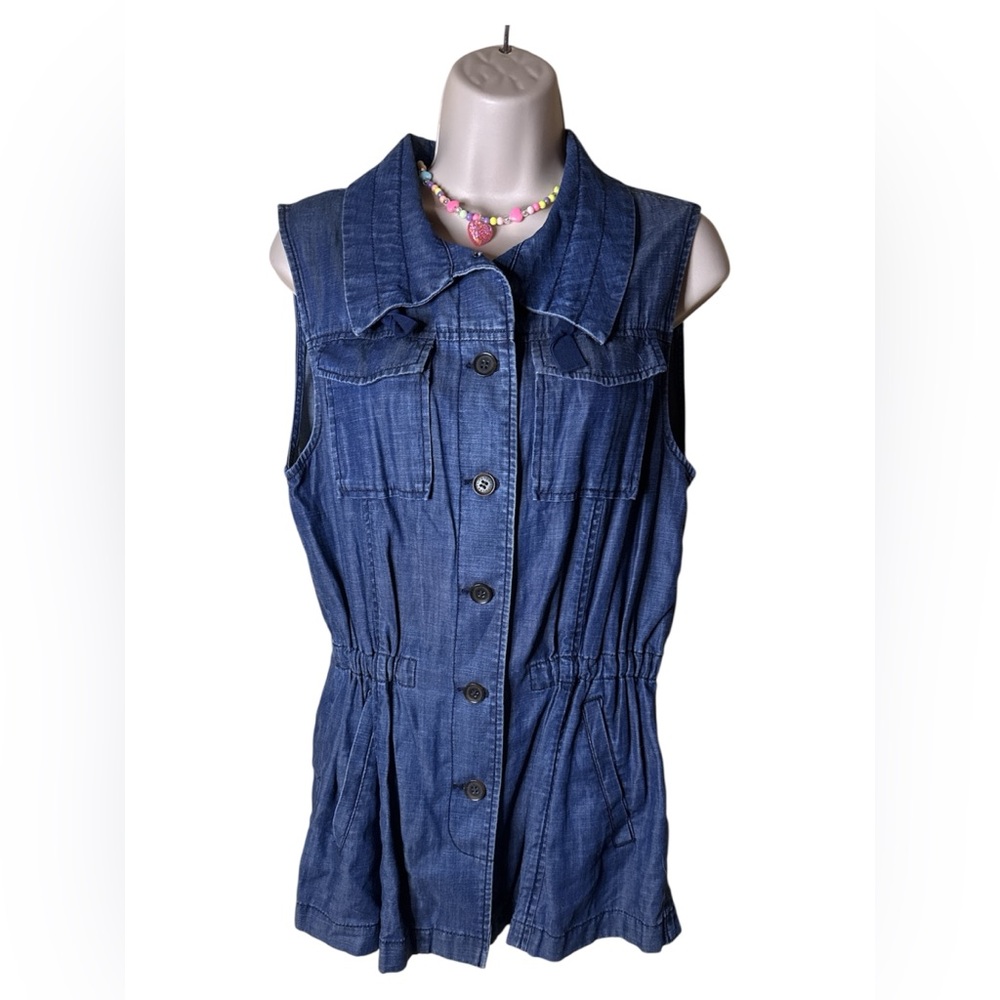 Talbots Adjustable stand collar Dark CHAMBRAY VEST Pockets Sleeveless Botton - Picture 5 of 7